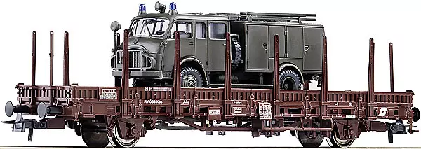 Flat car with stakes and a truck - HO 1/87 - OBB - ROCO 66609