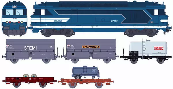 Coffret avec locomotive diesel BB 67002 livrée bleue et 5 wagons marchandises (photo indicative)
