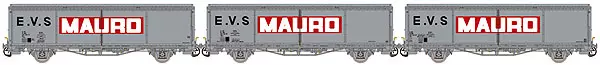 Coffret de 3 wagons couverts EVS livrés gris avec parois planes et logo "MAURO"