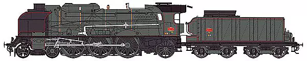 Locomotive à vapeur 231 G 18 livrée verte avec filets rouges du dépôt de Nevers, cheminée double, grands écrans fumée, pompe Bi-