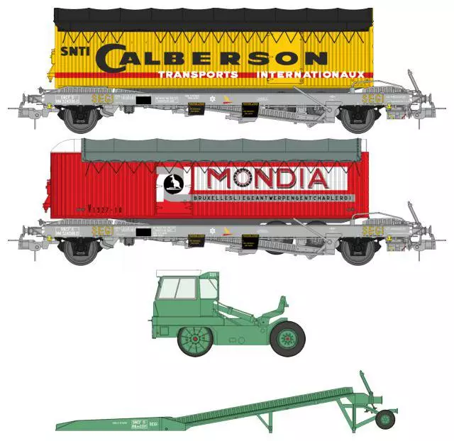 Coffret KANGOUROU comprenant deux wagons, un tracteur et une rampe de chargement