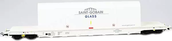 Wagon transport de vitres à bogies livrée blanc "SAINT-GOBAIN" numéro immatriculation 992 2 931-9