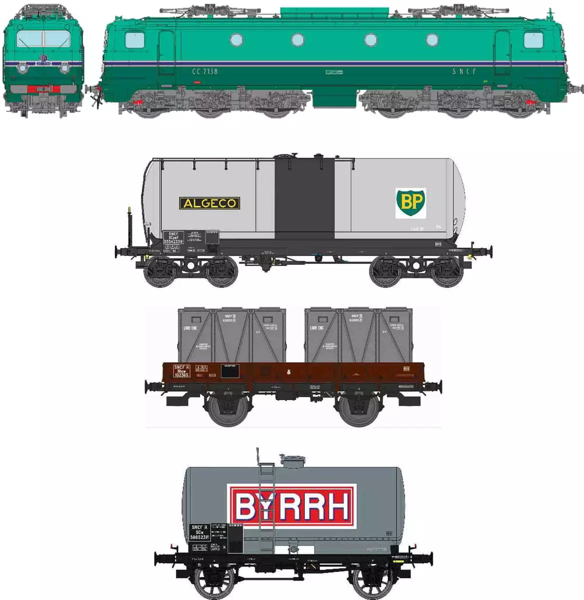 "OFFRE SPECIALE FETE DES PERES" Coffret locomotive électrique CC 7138 du dépôt de Chambéry avec 3 wagons de marchandises