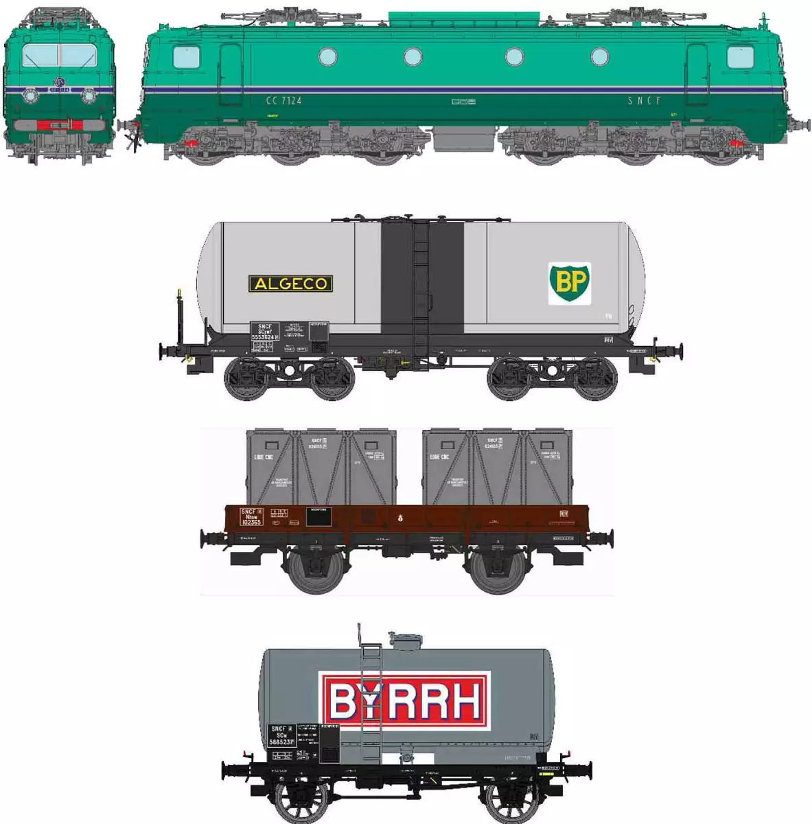 "OFFRE SPECIALE FETE DES PERES" Coffret locomotive électrique CC 7124 du dépôt de Chambéry avec 3 wagons de marchandises