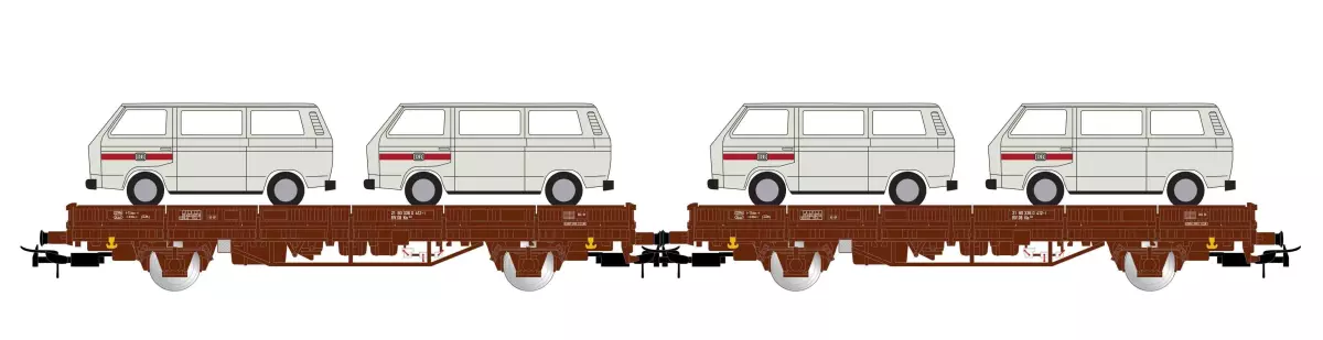 Wagon plateforme à 3 essieux chargé de 4 camionnettes