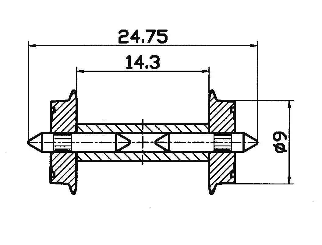 Pair of 9mm diameter axles with isolated half-axles