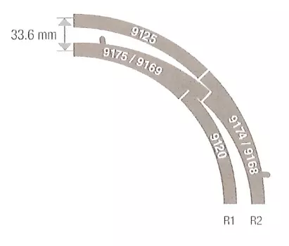 Rail courbe ballasté R2 45° 225.6mm de rayon 8 au cercle 