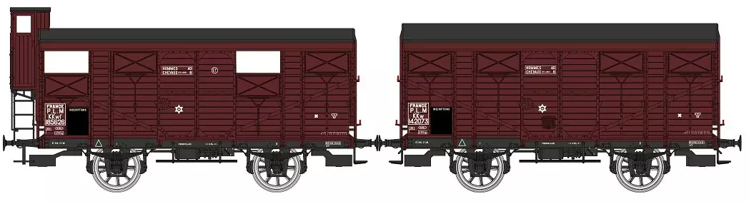 Set de 2 Wagons COUVERTS PLM 20 T rouge Sideros- N KKwf 185626 avec guérite et N KKw 142073- PLM Ep-II