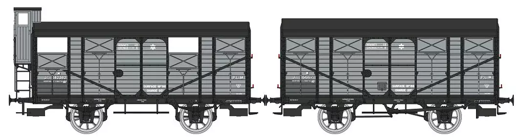 Set de 2 Wagons COUVERTS PLM 20 T gris- N Jf 142382 ferrures noires et guérite et N JL 151067- avec ferrures noires- PLM Ep-II