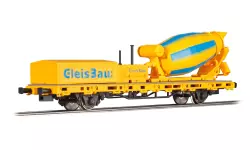 Wagon travaux spéciaux surbaissé avec bétonnière et inscription bleu "GleisBau" livrée jaune