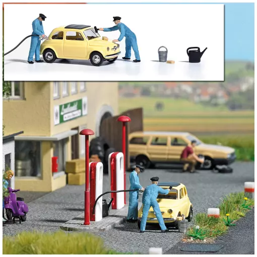 Lotto con 2 pompieri, fiat 500 gialla e accessori BUSCH 7820 - HO : 1/87