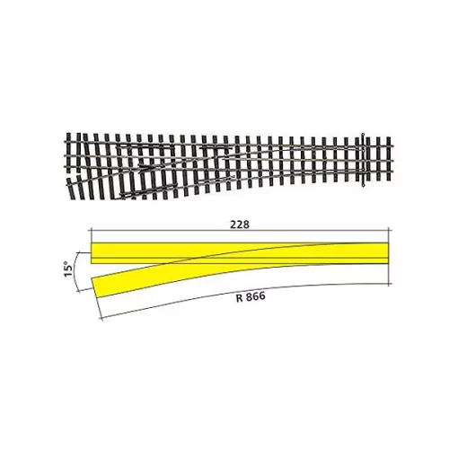 Aiguillage à gauche HO-HOm 228mm 15°