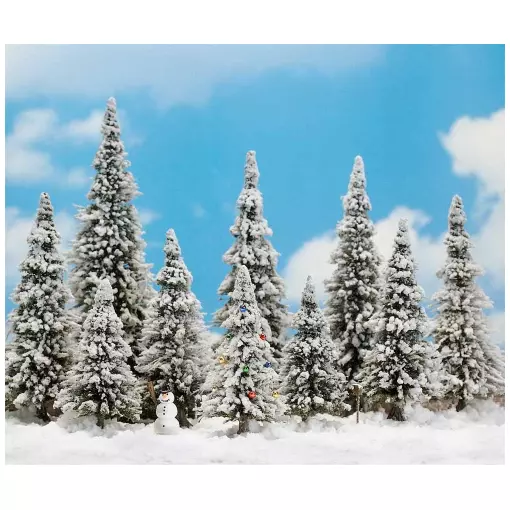Winter decor set - 10 trees, birdhouse, snowman - Busch 6465 - HO 1/87