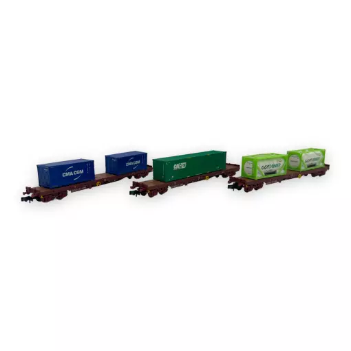 Set van 3 containerwagens - Minitrix 15072 - N 1/160 - SNCF - Ep VI - 2R