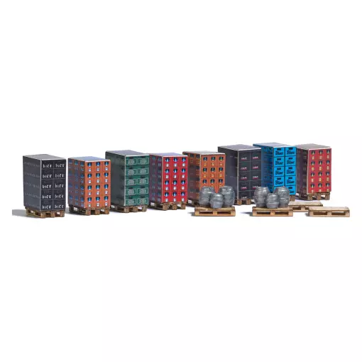 Set di 12 bancali in legno con fusti di birra e casse - Busch 1814 - HO 1/87