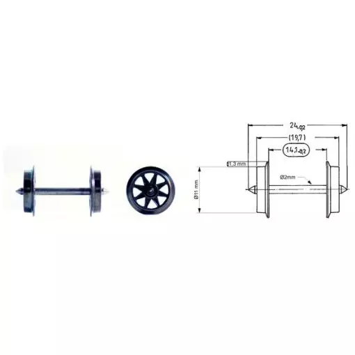 Non-insulated spare axle (AC) with double spokes, axle length 24mm