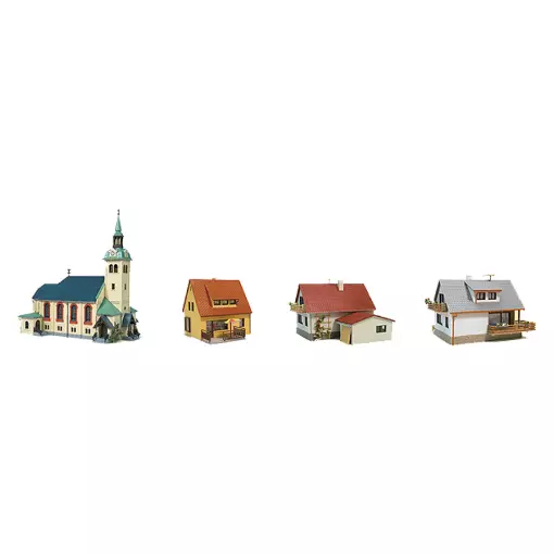 Vak 1 Kerk en 3 individuele huizen - Auhagen 15201 - HO : 1/87
