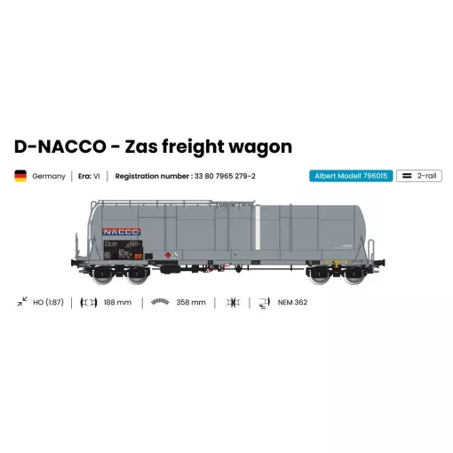 Wagon citerne grande capacité 85m3 Zas gris Nacco - ALBERT MODELL 796015 - EP VI - HO 1/87
