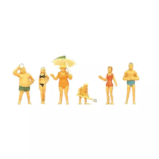 Lot de 6 personnages à la plage avec parasol Preiser 79070 - N 1/160