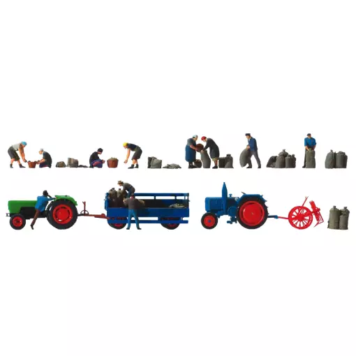 Récolte de pomme de terre, 11 personnages, avec tracteurs DEUTZ D6206 et LANZ D2416, accessoires - Preiser 13008 - HO : 1/87 