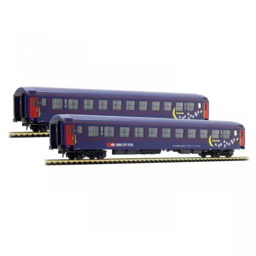 Set of 2 UIC-X Bcm (Day position) passenger coaches with 11 compartments and new blue and purple livery logo