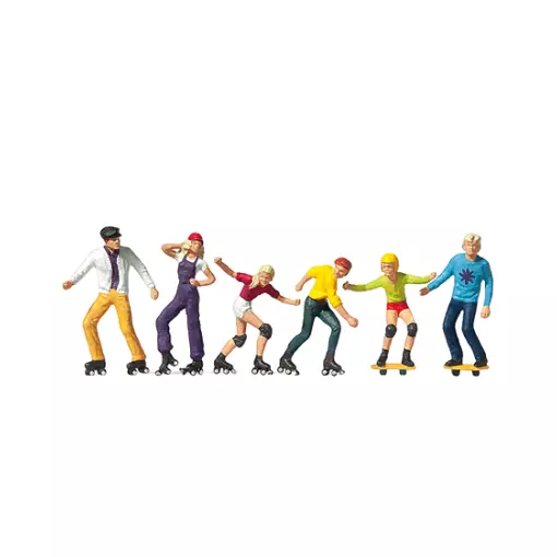 Pack de 6 Personnages avec patins à roulettes et skate boards - Figurine - PREISER 10074 - Échelle HO : 1/87ème