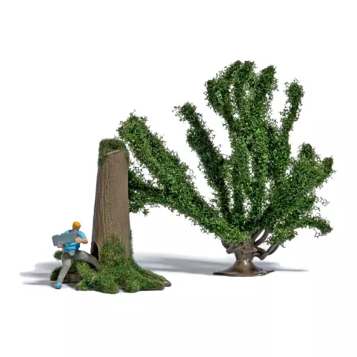 Escena "Geocacher & Find" con tronco hueco y árbol BUSCH 7955 HO