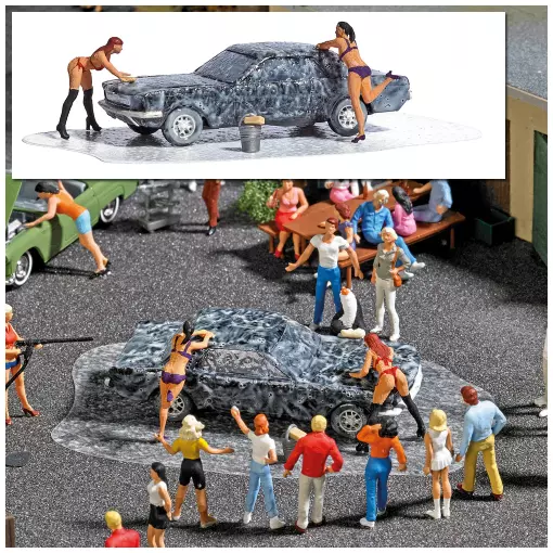 Set "Lavado de coches" con 2 mujeres y un Ford Mustang BUSCH 7824 - HO : 1/87