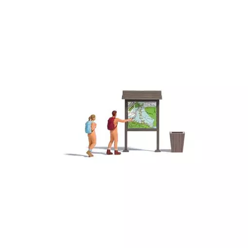 Nudistische wandelaars, rugzak en BUSCH 7947 bord - HO 1/87