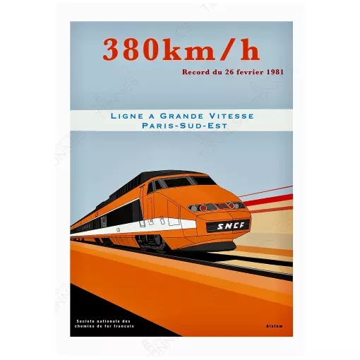 Poster TGV Record 1981 - A2 42.0 x 59.4 cm - Paris-Sud-Est - 800Tonnes - SNCF - 380 km/h