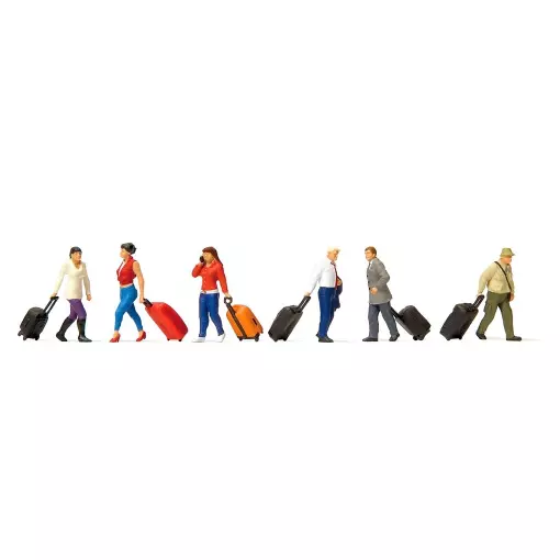 6 voyageurs marchant avec des valises à roulettes - PREISER 10640 - HO 1/87