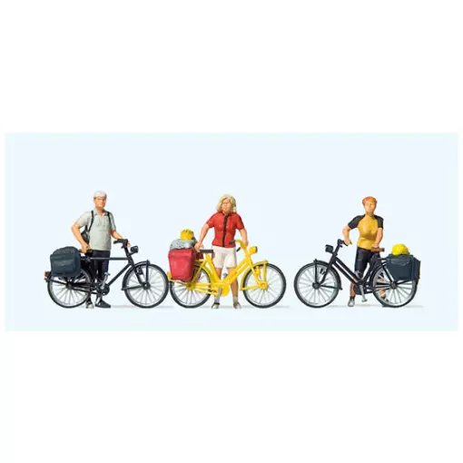 Set van 3 fietsfiguren in sportkleding met 3 fietsen
