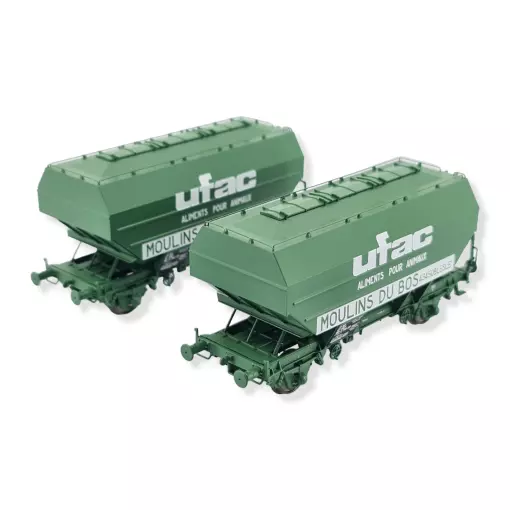 Set van 2 UFAC graanwagens Moulin du Bos vert REE MODELES WB734 SNCF - HO 1/87