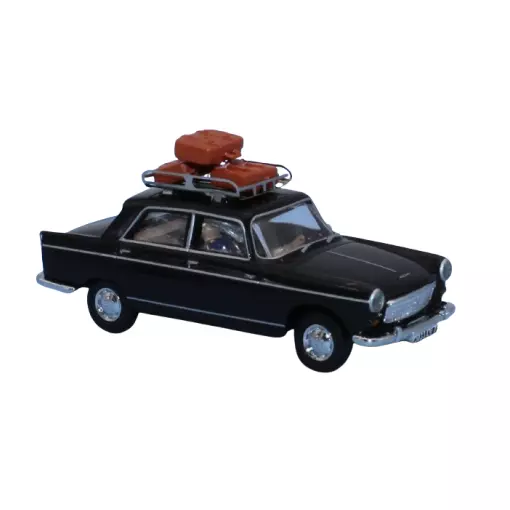 Peugeot 404 noire, galerie de toit, 3 valises, un conducteur et un passager - Sai 1823 - HO 1/87