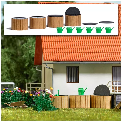 Pack of 4 Rain barrels with 6 watering cans - Busch 1833 - HO 1/87