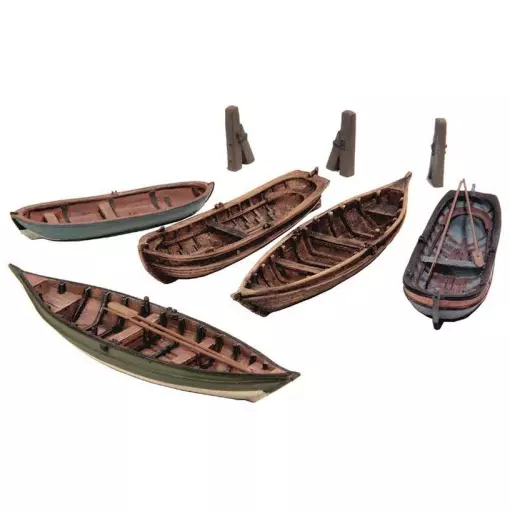 Lot de 5 barques avec rames non peintes - Artitec 50.122 - HO : 1/87  