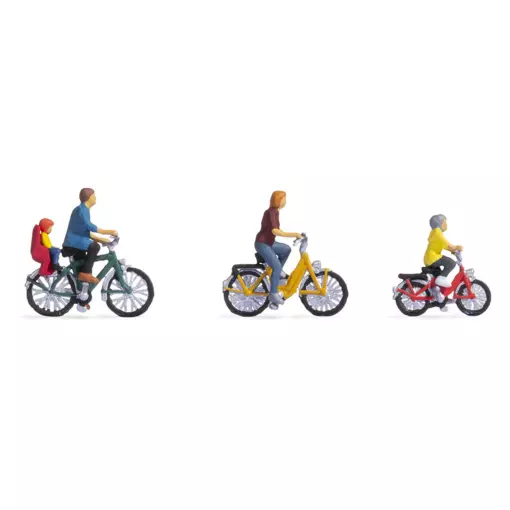 Set of 4 figures on 3 NOCH 15909 HO 1/87 bicycles