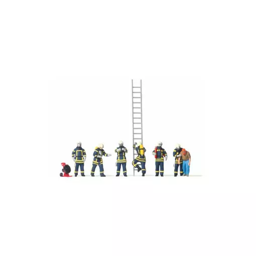 Set 6 Feuerwehrmänner mit Atemschutz - Leiter - Poller PREISER 10765 - HO 1/87