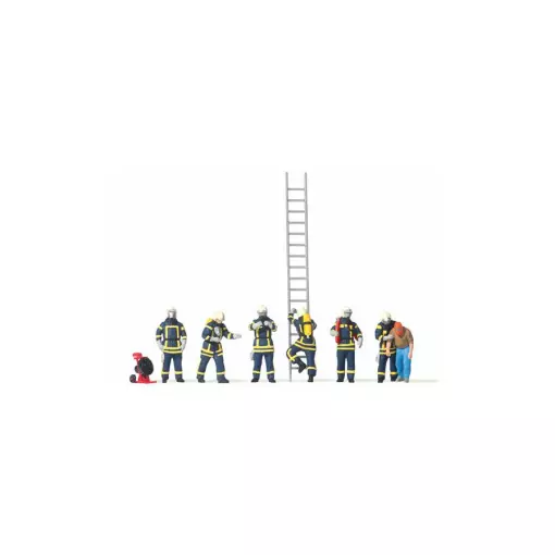 Juego de 6 bomberos con respirador - escalera - bolardo PREISER 10765 - HO 1/87