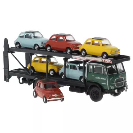 Transportador de coches con 6 vehículos Brekina 58482 - HO : 1/87 - Fiat 500