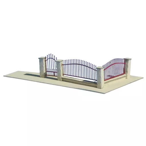 Muret beige avec grilles rouge carmin - SAI 701 - HO 1/87 - 134 x 7 x 26 mm