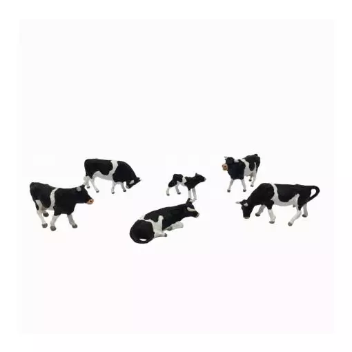 Set of 6 black and white spotted cows