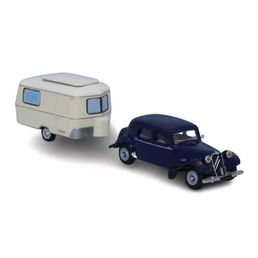 Citroën Traction 11B 1952, bleu nuit, avec caravane Eriba ivoire - Sai 6108 - HO 1/87