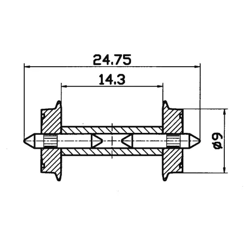 Pair of 9mm diameter axles with insulated half-axles