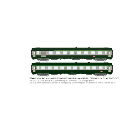 Coffret de 2 voitures UIC B7D et B10 Vert / Gris Logo CARMILLON Cartouche Corail - Ree Modèles VB492 - SNCF - HO 1/87 - 2R