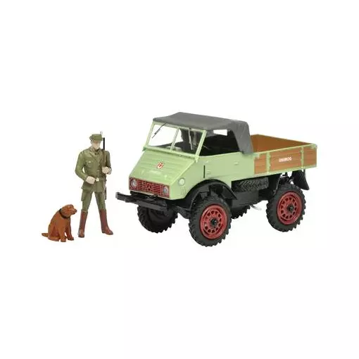 MB Unimog 401 vrachtwagen, jager en hond - SCHUCO 450254800 - O 1/43