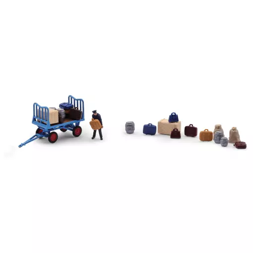 Chariot à plateforme avec bagages - Ensemble d'action scénette - Busch 79910 - HO 1/87