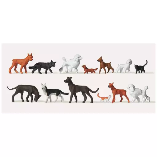 Set von 13 Merten-Tieren 0212583 Hunde und Katzen - HO 1/87