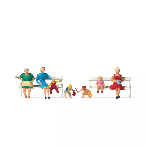 Pack de 3 Mères et 4 enfants assis - Figurine - PREISER 10051 - Échelle HO : 1/87ème