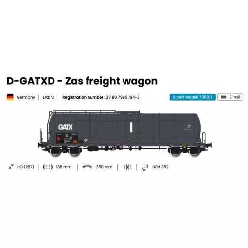 Wagon citerne grande capacité 85m3 Zas gris GATX - ALBERT MODELL 796011 - EP VI - HO 1/87